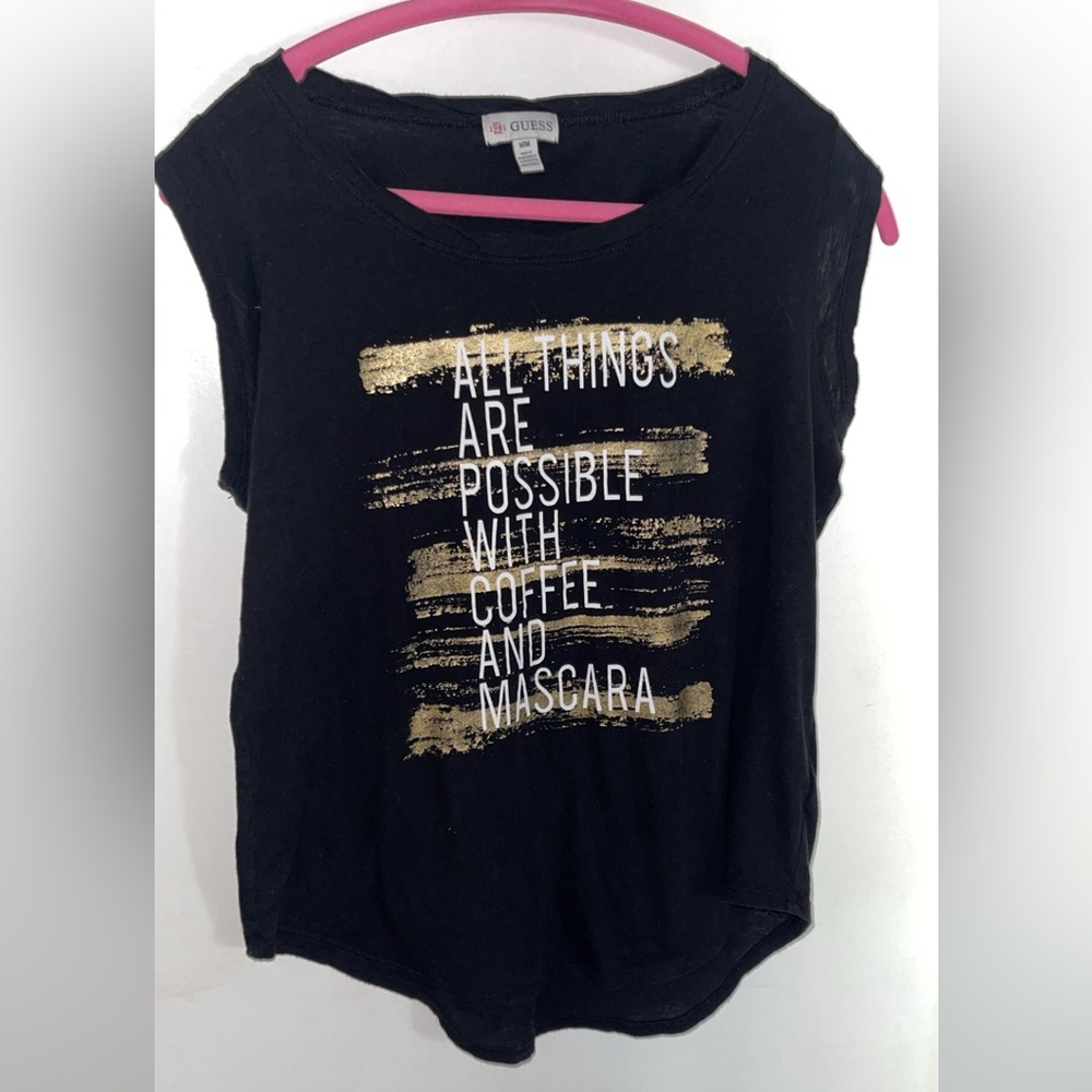 EUC GUESS Black tank top Mascara/Coffee Gold Metallic paint design size M or S